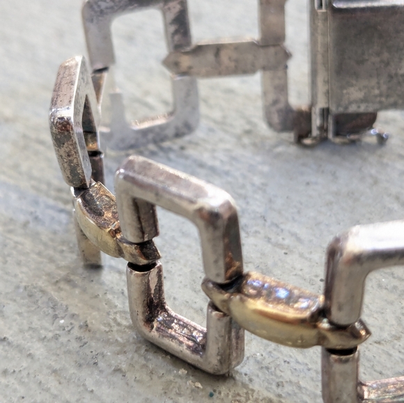 Vintage Sterling Silver Bracelet Two Tone Rectangle Italy 7.5 Modern - Picture 6 of 15